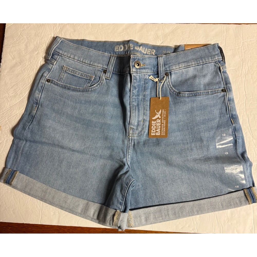 Eddie Bauer Womens Boyfriend Mid-Rise Slim Denim Jean Shorts Light Wash Blue 12